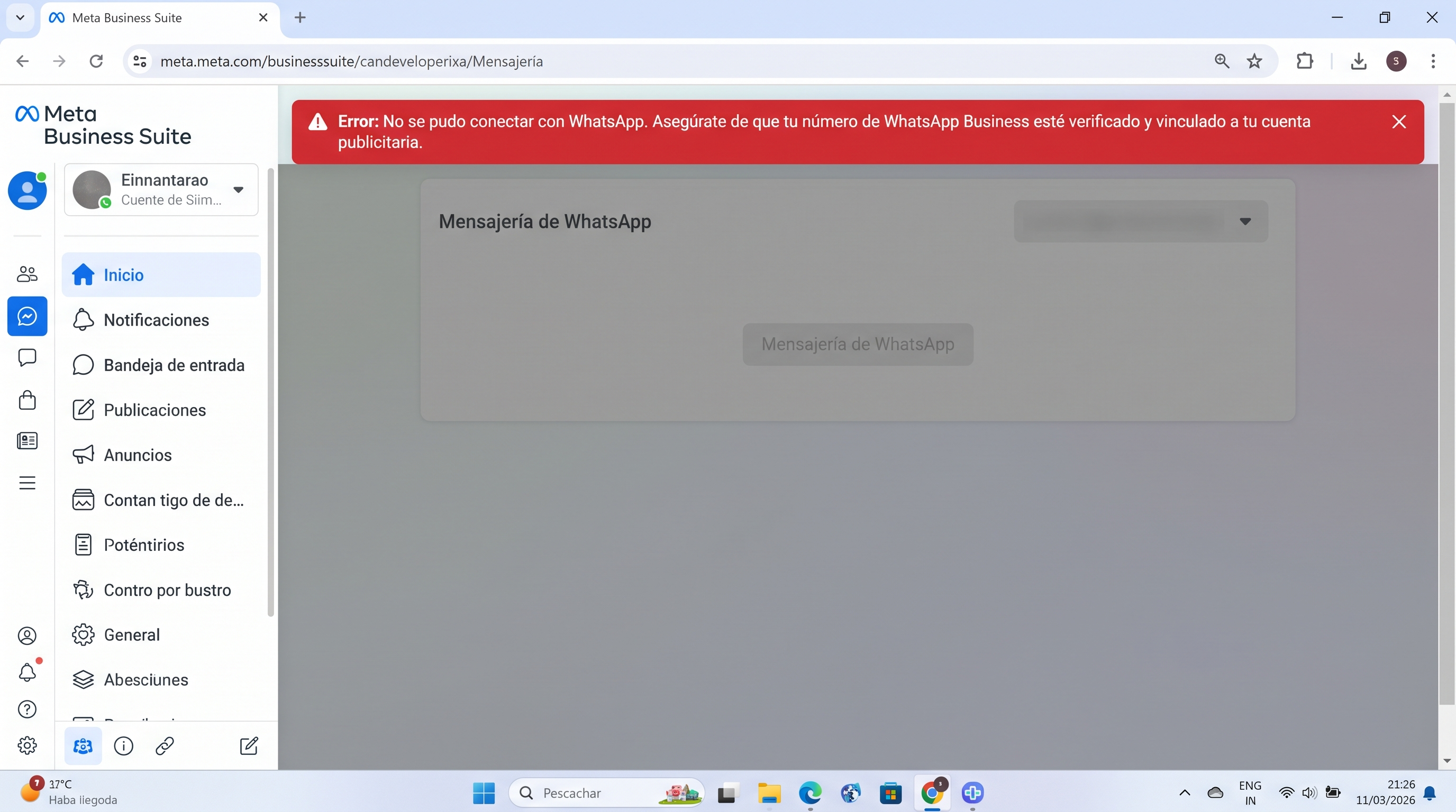 Error de WhatsApp / conversaciones en Meta Ads Venezuela