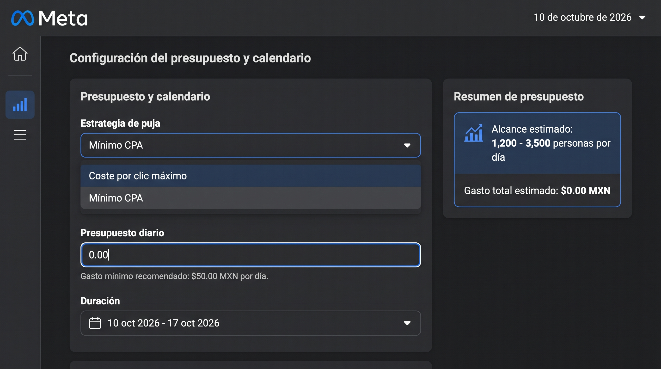 Configuración de presupuesto en Meta Ads